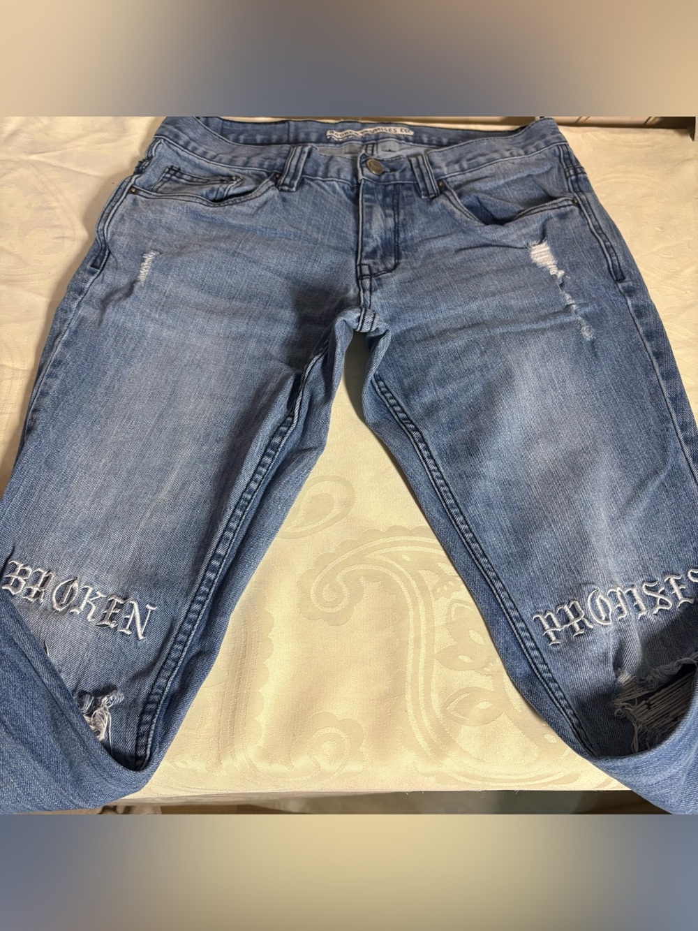 Broken Promises "Resurrection Denim" Distressed Blue Jeans Size
